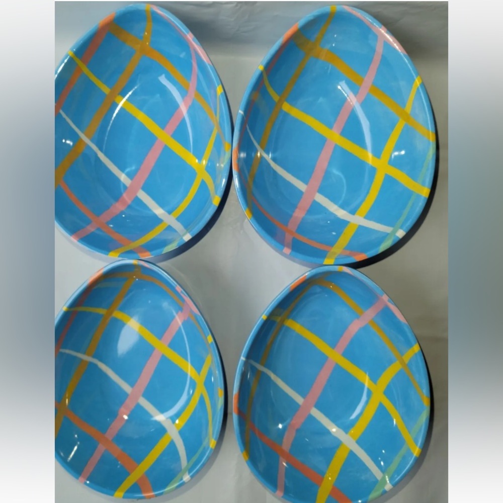 Set of 4 Spritz 6" Melamine Easter Spring Blue EGG Shaped Bowls Pastel Stripes